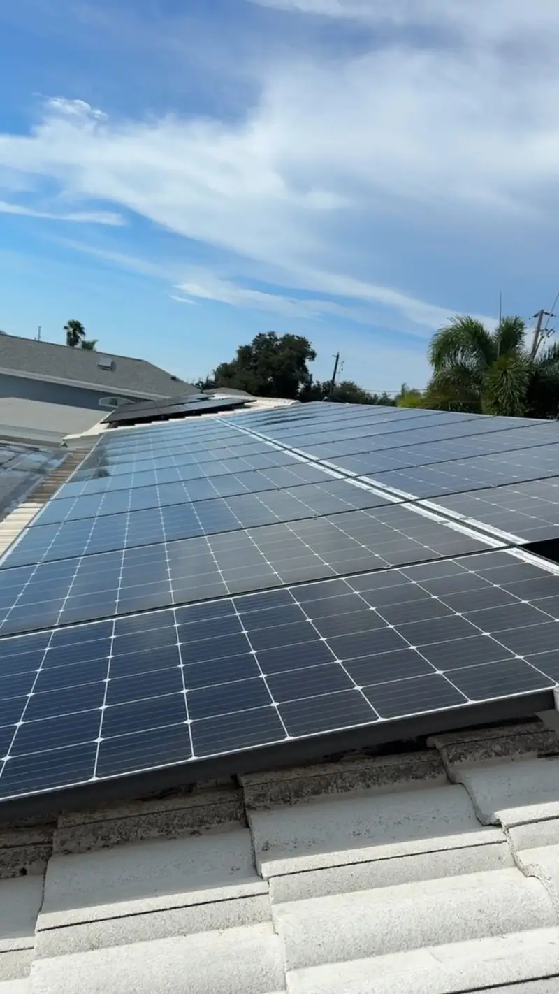 Clean solar panels on a tile roof with palm trees
